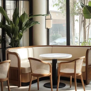 Modern Restaurant Dining Furniture Set Round Marble Table with Metal Base Woven Back Rattan Chairs Leather Half Couch for Cafe