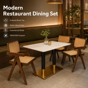 Modern Restaurant Dining Set with Sintered Stone Table & Rattan Wood Chair for Commercial Cafe Bistro Hotel Furniture