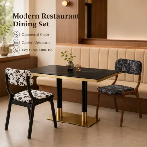 Modern Restaurant Dining Set with Sintered Stone Top & Floral Upholstered Chair for Commercial Cafe Hotel Furniture Decor