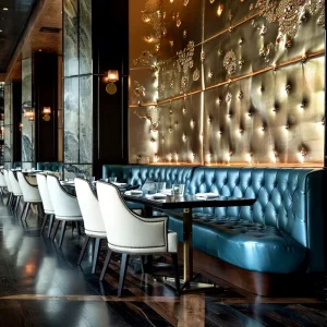 Modern Restaurant Furniture Cafe Coffee Shop Set White Leather Chairs and Blue Tufted Sofa Booth Seating with Dark Wood Tables