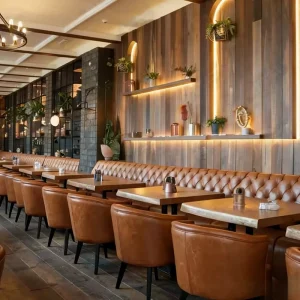 Modern Restaurant Furniture Premium Waxy Leather Booth Seating with Wooden Restaurant Table and Chair for Upscale Cafe Projects