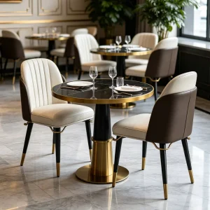 Modern Restaurant Furniture Set Round Gold Trim Table Striped Leather Dining Chair Furniture for Restaurant Hotel Cafe Use
