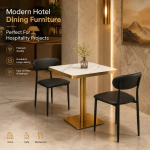 Modern Restaurant Furniture Set Sintered Stone Table with Gold Metal Base & Black PU Chairs for Cafe Hotel Commercial Use