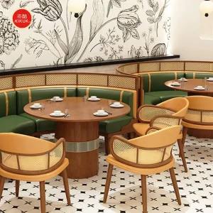 Modern Restaurant Furniture Set Square Marble Tables Rattan Chairs and Leather Cafe Sofa for Coffee Shop