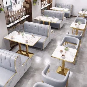 Modern Restaurant Furniture Sets Cafe Fast Food Hotel Booth Seating Sofa Golden Metal Dining Tables and Chairs Set
