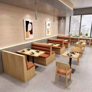 Modern Restaurant Hotel Coffee Shop Tea Shop Fast Food Snack Bar Customized Furniture Brown Booth Sofa Chair Wood Table Set