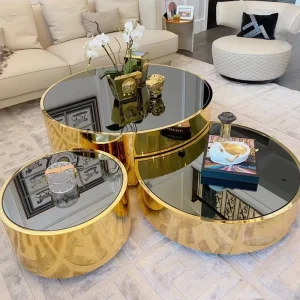 Modern Restoration Design Nesting Set Large Hammered Metal Coffee Table Stainless Hardware Glass Top Wood Living Room