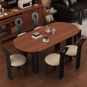 Modern Retro 6 Seater Walnut Kitchen Table Oval Solid Wood Dining Table Set 8 Chairs for Restaurant Home Dinner