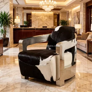Modern Retro Club Chair Sofa Set Genuine Leather Sponge Upholstery Polished Stainless Steel Armrests Hotel Furniture
