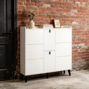 Modern Revolving Shoe Cabinet for Living Room and Supermarket Entry 6 Shelves 2 Doors Durable Wooden Design