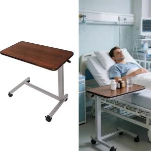 Modern Rolling Hospital Bed Table Adjustable Height Overbed Tray Iron Wooden Construction 4-Wheel for Patients School Bedroom