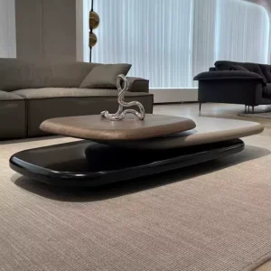 Modern Rotating Pebble Shape Design Three Layers Rotating MDF Living Room Furniture Walnut Wooden Swivel Tea Coffee Table