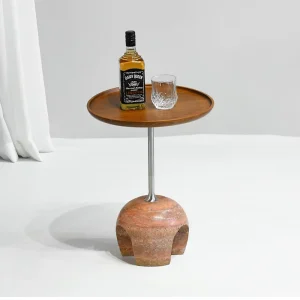 Modern Round Accent End Table with Red Travertine Base and Metal Rod Support Walnut Tray Top Side Table for Living Room Bedroom