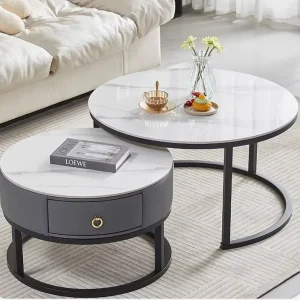 Modern Round Coffee Table Set 2 Piece Sintered Stone Marble Top Nesting Center Table with Drawer for Living Room
