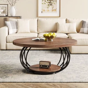 Modern Round Coffee Table with Durable Metal Frame and Solid Wood Storage Shelf Eco Friendly Living Room Side Table