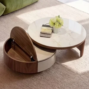 Modern Round Coffee Table with Hidden Storage Wood Veneer Painted Finish Moon Silver Microcrystalline Stone Top