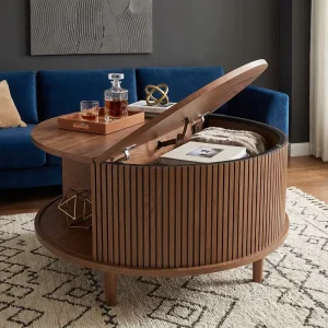 Modern Round Coffee Table with Storage Fluted Design Metal & Wood Frame Sliding Cabinet Door for Living Room