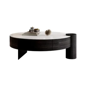 Modern Round Coffee Table with White Sintered Stone Top and Dark Wood Storage Base