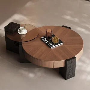 Modern Round Coffee Table with Wood Veneer Easy to Clean and Storage Designer Living Room Furniture for Home or Hotel