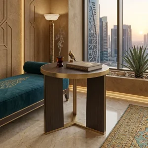 Modern Round End Table Solid Wood Veneer Top 304 Stainless Steel Base Matte Gold Metal Edge Villa Living Room Decor