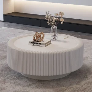 Modern Round Fluted Coffee Table with Tempered Glass Top PU Leather Body Baked Enamel Metal Base & Hidden Storage