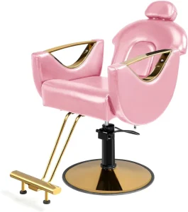 Modern Round Gold Metal Base Hair Equipment Pink Leather Barber Styling Chair for Salon Shop