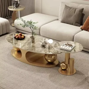 Modern Round Luxury Coffee Table Set Gold Stainless Steel Sintered Stone Top for Entry Farmhouse Style Contemporary End Table