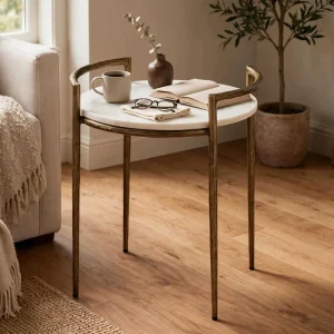 Modern Round Marble End Table Metal Frame Luxury Accent Side Table White Marble Nightstand Contemporary Hotel Furniture OEM ODM