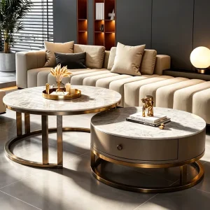 Modern Round Nesting Coffee Table Set with Sintered Stone Top Storage Drawer & Black Metal Frame for Living Room