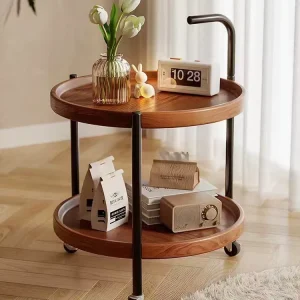 Modern Round Rolling Coffee Table With Grain Top Wheels for Living Room Kitchen Home Storage Furniture