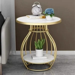 Modern Round Side Table with Sintered Stone Top 2 Tier Open Shelf Coffee Table for Bedroom