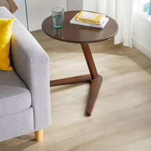 Modern Round Side Table with Z Shaped Base Dark Wood Accent Table for Living Bed Room Minimalist End Table Home Office