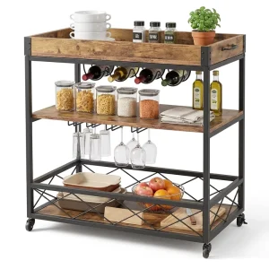 Modern Rustic 3 Tier Antique Retro Bar Drinks Storage Shelf Wood Wine Serving Cart Trolley for Home Hotel