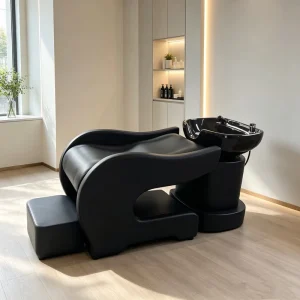 Modern SPC009 Backwash Shampoo Chair Unit for Salon Barber Shop Beauty Hotel Use With Black Ceramic Basin Wooden Construction