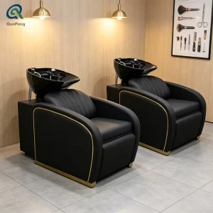 Modern Salon Furniture Backwash Ceramic Shampoo Bowl Sink Chair Black Leather Shampoo Hair Wash Chair for Hair Salon