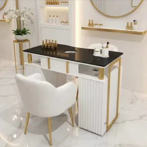 Modern Salon Nail Manicure Table with Vented Storage Drawer Wood Metal Marble Construction for Beauty Salon Use