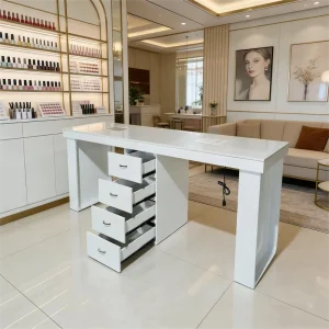 Modern Salon Nail Technician Manicure Table with Dust Collector Luxury Double Marble Top Nail Care Table