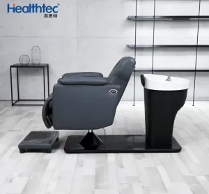 Modern Salon Shampoo Chair with 360-degree Rotation Retractable Electric Footrest Ceramic Basin Acrylic Frame