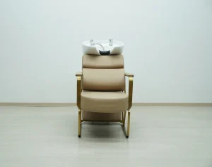 Modern Salon Shampoo Chair with Sink Reclining Hair Washing Station for Barber Shop Gold Frame Beige PU Leather Backwash Chair