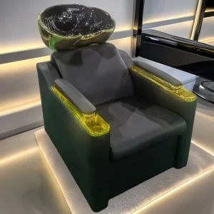 Modern Salon Shampoo Chairs with Black Upholstered Seats and Sleek Black Ceramic Basins