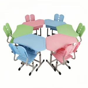 Modern School Adjust Height Hexagonal Modular Plastic and Metal School Colorful Student Desk and Chair Set School Furniture
