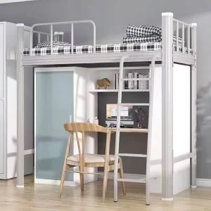 Modern School Student Bedroom Dormitory Metal Loft Double Bunk Bed with Study Table and Desk for Adults