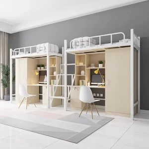 Modern School and Hotel Use Dormitory Bunk Beds with Upper Bed Lower Desk Combined Wardrobe Metal Frame