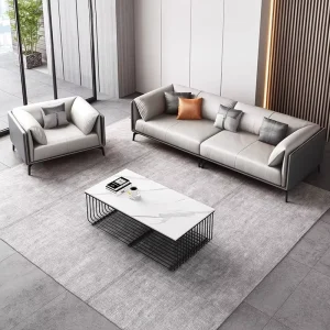 Modern Sectional Three Seat Faux Leather Sofa with Metal Legs Sponge Filled for Office Living Room Warehouse Villa Use