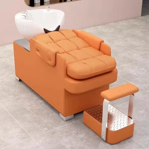Modern Semi reclining Shampoo Bed, Salon Hair Washing Bed with Ceramic Basin, Professional Massage Shampoo Chair for Barber Shop