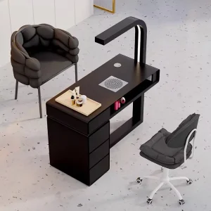 Modern Simple Black Wooden Marble Manicure Table and Chair Set Luxury Black Single Seater Beauty Salon Nail Table Desk