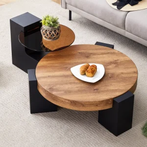 Modern Simple Double Layer Coffee Table Decorative Transparent Brown Wood Top Black MDF L Shaped Legs Living Room Furniture
