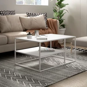 Modern Simple Iron Top Metal Tube Frame Coffee Table with 3 Tier Open Storage Shelf Living Room Furniture