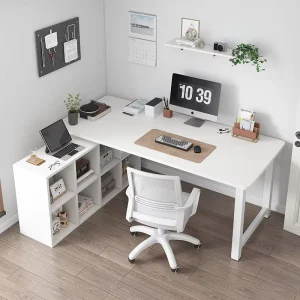 Modern Simple Office White Home Desk with Cabinet and Chair Set