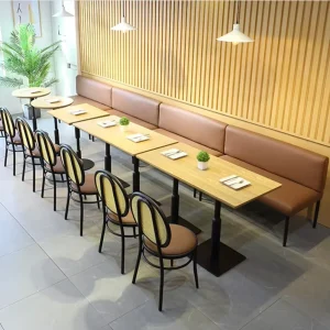 Modern Simple Restaurant Customized Leather Metal Sofa Booth Bench Hotel Cafe Shop Dining Wooden Table and Rattan Chairs Set